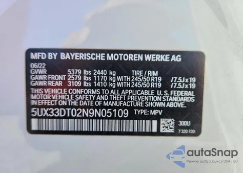 2022 BMW X4 xDrive30I z USA, uszkodzony, nr VIN 5UX33DT02N9N05109